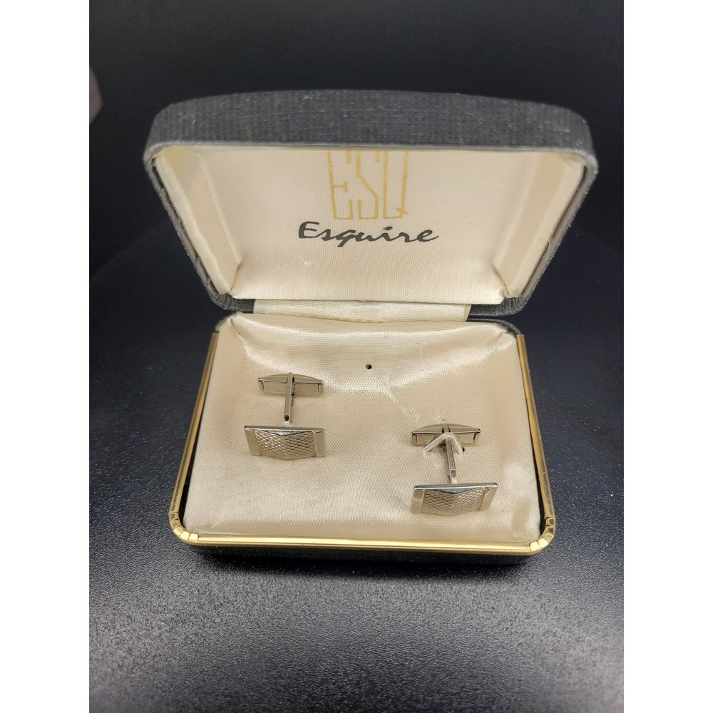 Esquire Cufflinks Silver Tone Rectangular Textured Grid Pattern With Box